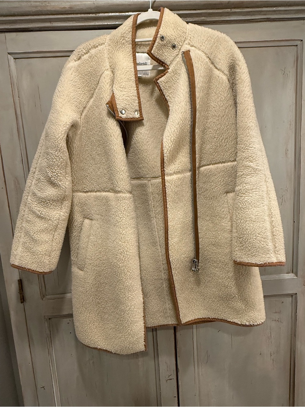 Madewell Cream Shearling Zip-Front Coat with Brown Trim